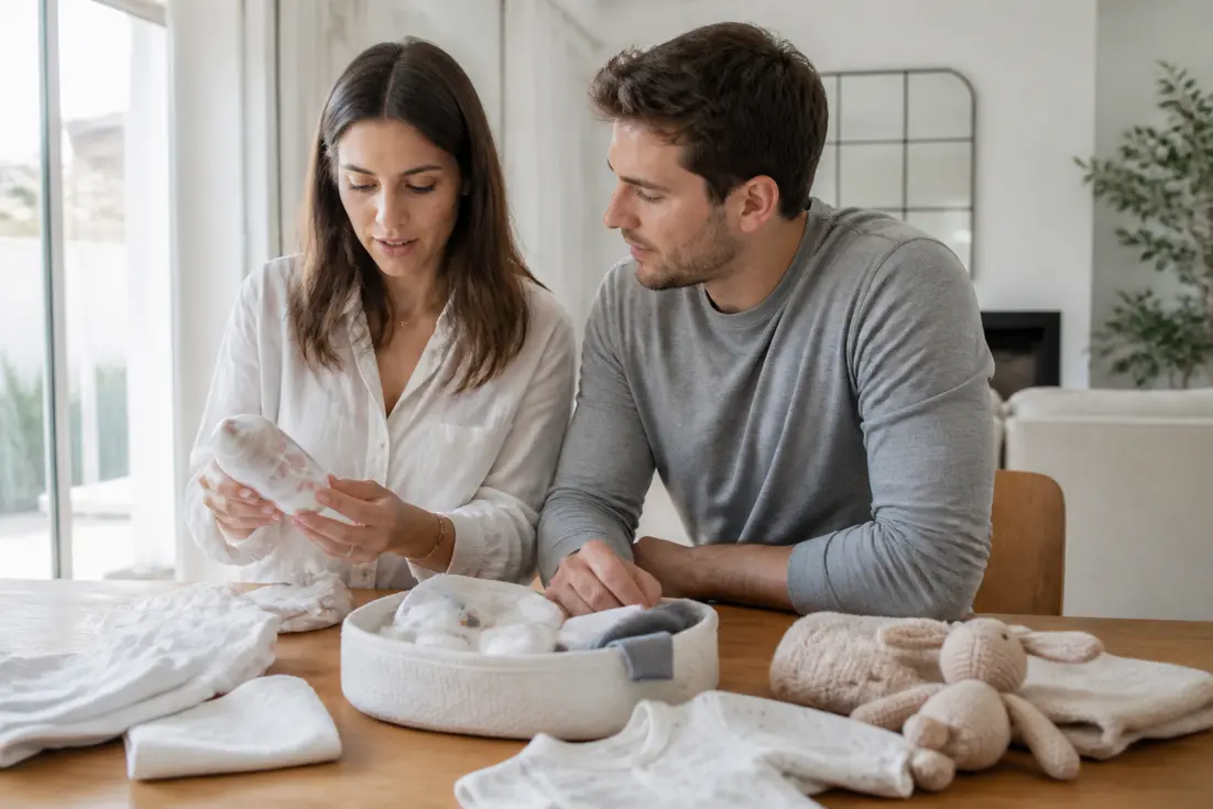Un couple organise ses essentiels sur une table en bois pour savoir quoi mettre liste naissance efficacement.