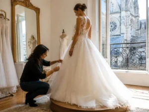 Retouches d'une magnifique robe princesse mariage en tulle dans un atelier lumineux