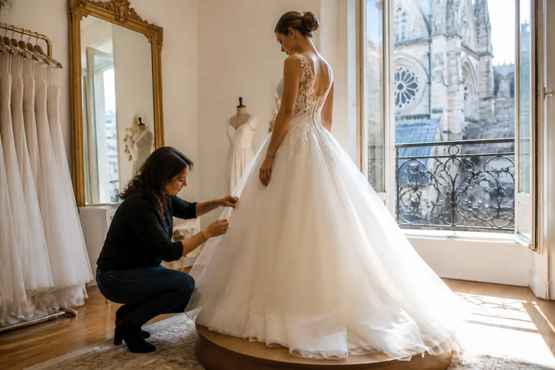 Retouches d'une magnifique robe princesse mariage en tulle dans un atelier lumineux