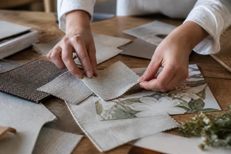 Mains disposant des échantillons de tissus et des papiers texturés pour la décoration