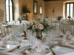 Décoration de table élégante et authentique pour illustrer les traditions de mariage en France.