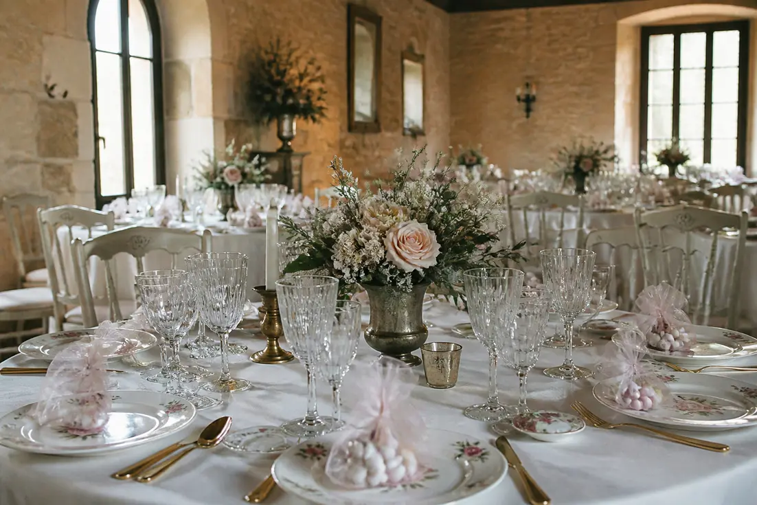 Décoration de table élégante et authentique pour illustrer les traditions de mariage en France.