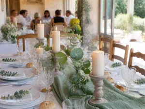 Déco baptême garçon douce et chic avec chemin de table en gaze de coton et accessoires en bois