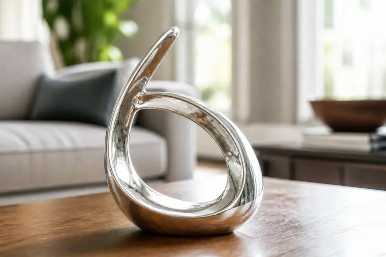 Sculpture décorative minimaliste en argent massif posée sur une table en bois pour fêter les noces de nickel