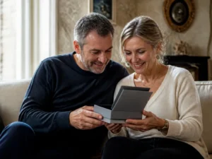 Un couple découvre des idées cadeaux noces de nickel hypoallergéniques dans leur salon.