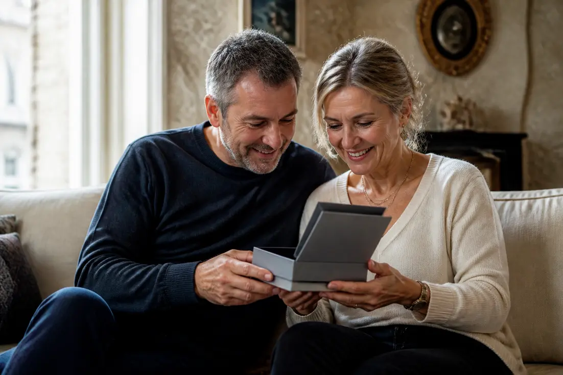 Un couple découvre des idées cadeaux noces de nickel hypoallergéniques dans leur salon.