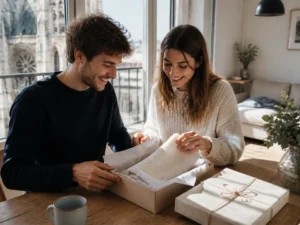 Un jeune couple ouvre un joli cadeau 1 an de mariage en coton dans son salon lumineux.