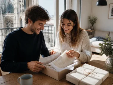 Un jeune couple ouvre un joli cadeau 1 an de mariage en coton dans son salon lumineux.