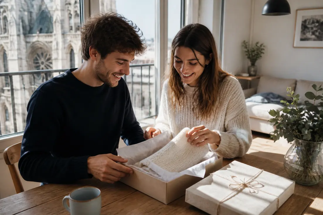 Un jeune couple ouvre un joli cadeau 1 an de mariage en coton dans son salon lumineux.