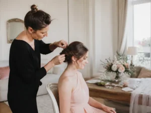Un coiffeur demoiselle d'honneur prépare la mise en beauté d'une participante avant la cérémonie de mariage.