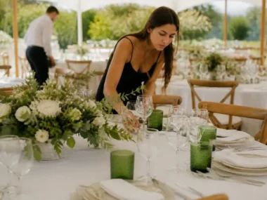 Mise en place de gobelets réutilisables et de vaisselle sur une table de mariage