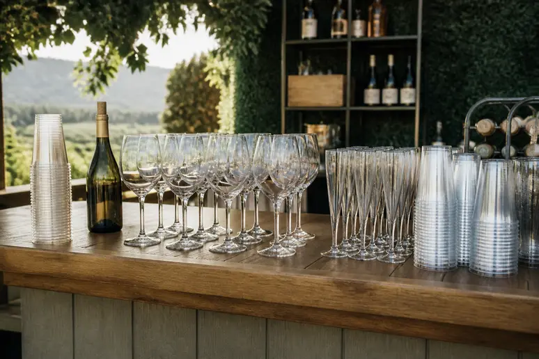 Assortiment de verres et gobelets pour mariage disposés sur un bar en bois