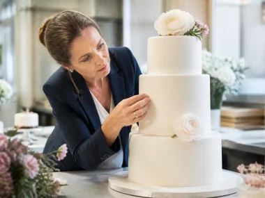wedding planner vérifiant un decor gateaux en pâte à sucre dans un atelier de Chartres