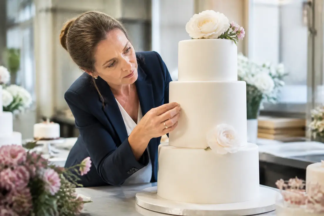 wedding planner vérifiant un decor gateaux en pâte à sucre dans un atelier de Chartres