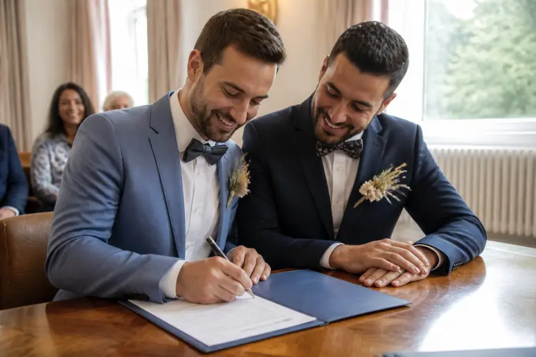 Couple signant une convention de pacte civil de solidarité lors des formalités administratives en mairie