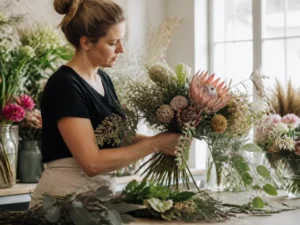 Artisan fleuriste préparant un robuste arrangement floral estival pour aider à choisir bouquet de mariée.