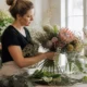 Artisan fleuriste préparant un robuste arrangement floral estival pour aider à choisir bouquet de mariée.