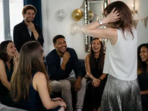 Amis riant ensemble lors d'une fête avec des jeux pour anniversaire adulte rigolo dans un salon chaleureux