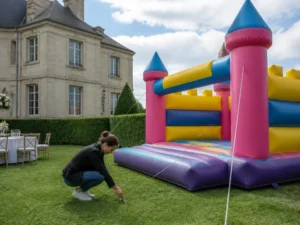 Installation d'un grand château gonflable sur une pelouse pour des tarifs location château gonflable