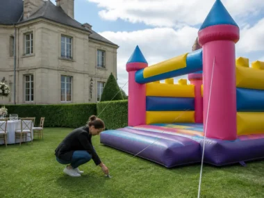 Installation d'un grand château gonflable sur une pelouse pour des tarifs location château gonflable