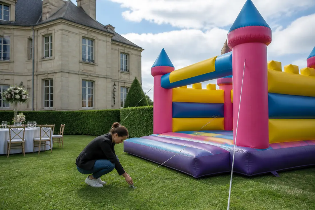 Installation d'un grand château gonflable sur une pelouse pour des tarifs location château gonflable