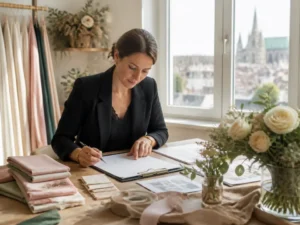 Un wedding planner examine des échantillons de décoration pour organiser un mariage parfait à Chartres