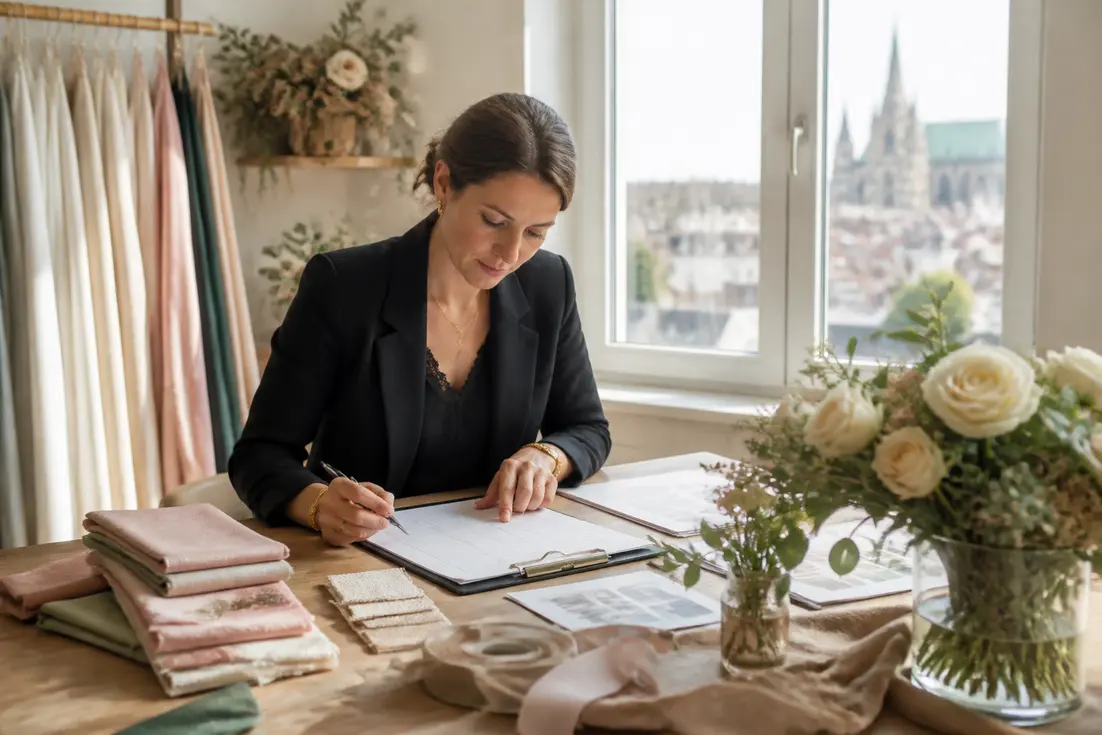 Un wedding planner examine des échantillons de décoration pour organiser un mariage parfait à Chartres