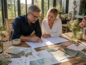 Un couple préparant une célébration avec des documents sur une table pour savoir comment organiser noce d'argent