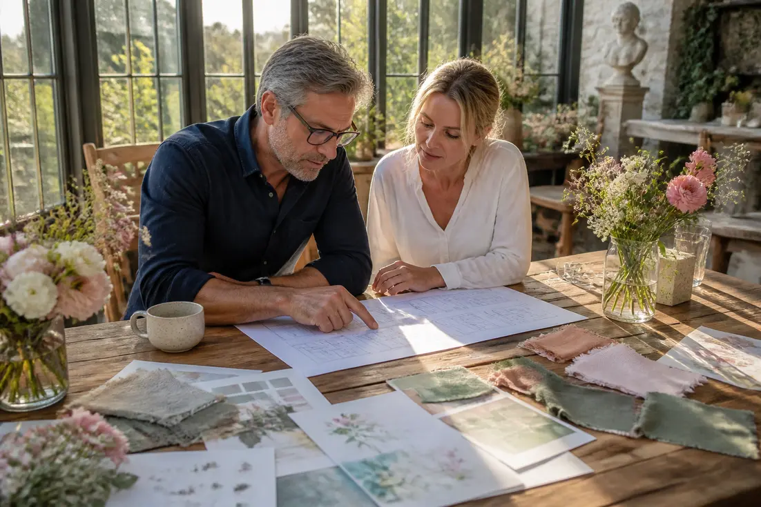 Un couple préparant une célébration avec des documents sur une table pour savoir comment organiser noce d'argent
