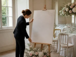 Un panneau bienvenue mariage au format A1 installé sur un chevalet en bois dans une salle de réception lumineuse.