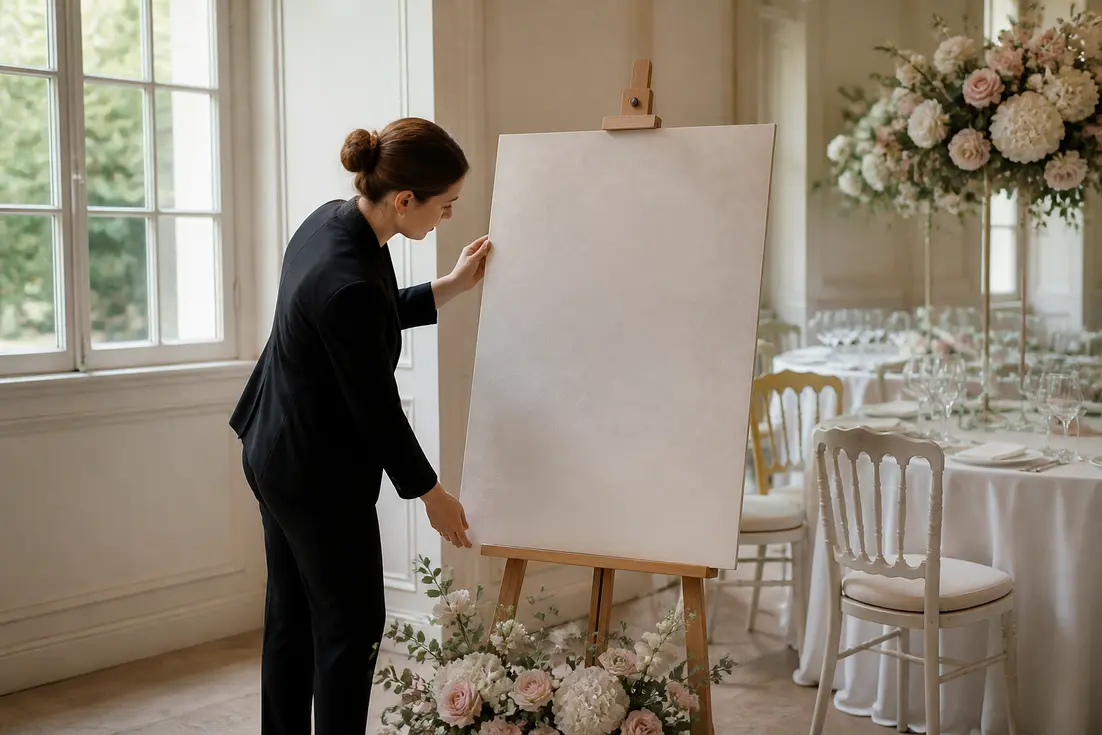 Un panneau bienvenue mariage au format A1 installé sur un chevalet en bois dans une salle de réception lumineuse.