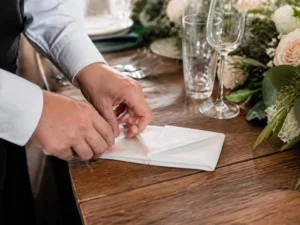 Mains en train de réaliser un pliage serviette en papier pour une table de mariage à Chartres