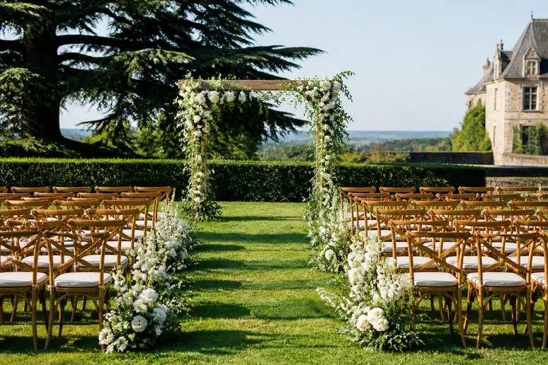 Aménagement d'une arche florale et de chaises pour une cérémonie laïque en plein air