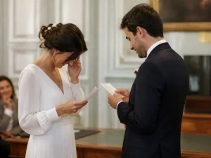Un couple partageant des vœux de mariage poétiques lors de leur cérémonie civile à la mairie.