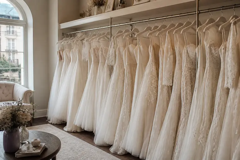 Robes de mariée de créateur suspendues dans un dépôt-vente de luxe