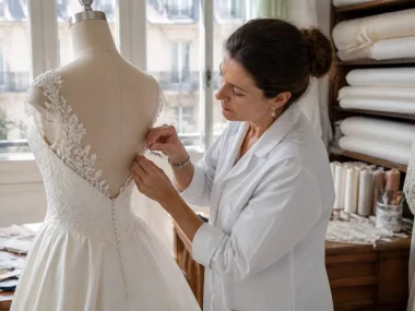 Un atelier de couture parisien où une créatrice ajuste les détails d'un prix robe de mariée luxe en soie.