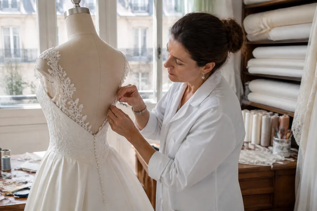 Un atelier de couture parisien où une créatrice ajuste les détails d'un prix robe de mariée luxe en soie.