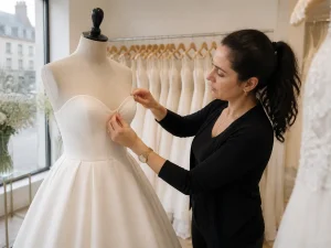 Retouche d'une robe de mariée bustier dans un atelier de couture lumineux à Chartres