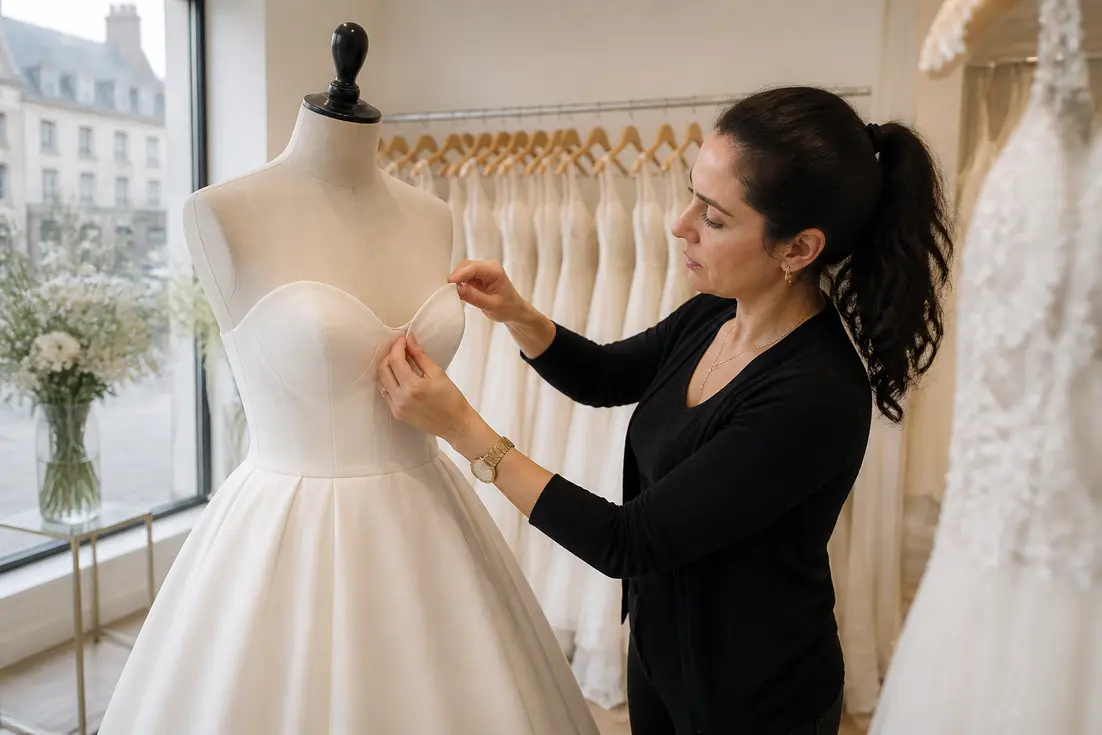 Retouche d'une robe de mariée bustier dans un atelier de couture lumineux à Chartres