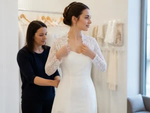Essayage d'un accessoire élégant en boutique pour adapter une robe de mariée sexy au protocole religieux