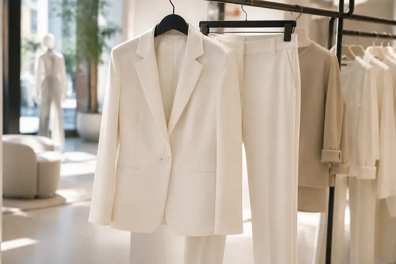 Ensemble tailleur pantalon blanc pour une tenue de mariage civil femme chic et moderne