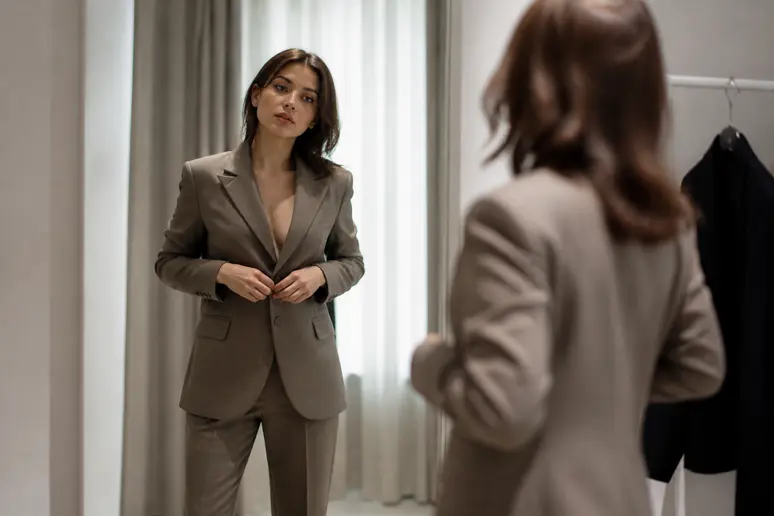Veste cintrée et pantalon droit bien coupé pour une tenue de mariage civil femme soignée
