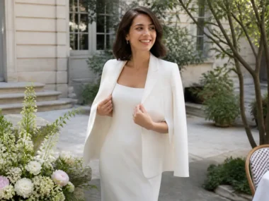 Une femme élégante en tenue pour mariage civil femme dans une cour lumineuse