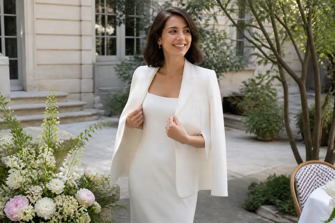 Une femme élégante en tenue pour mariage civil femme dans une cour lumineuse