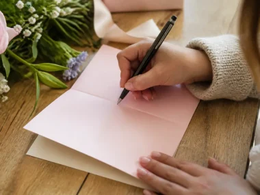 Une personne écrit un texte félicitation naissance fille sur une jolie carte rose pastel