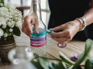 Exemple de décoration mariage washi tape sur une bouteille en verre pour une table